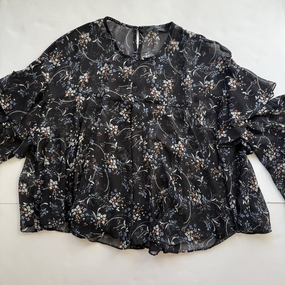 Zara Premium Size Med Sheer Top Floral Ruffle Bell Sleeve Whimsigoth Feminine - Picture 3 of 5